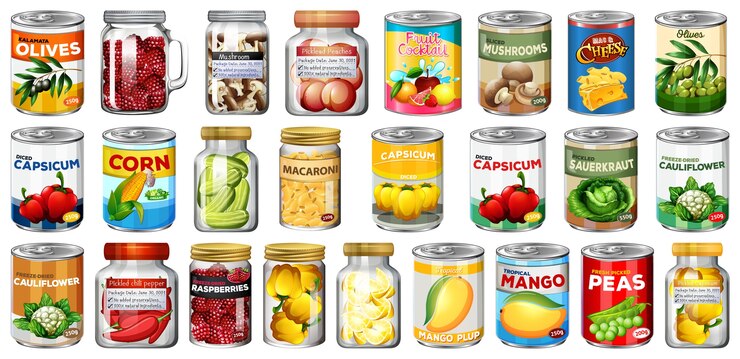 Vetor grátis conjunto de diferentes alimentos enlatados e alimentos em potes isolados