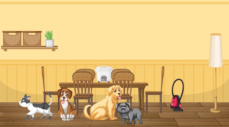Vetor grátis conjunto de diferentes animais domésticos na cozinha