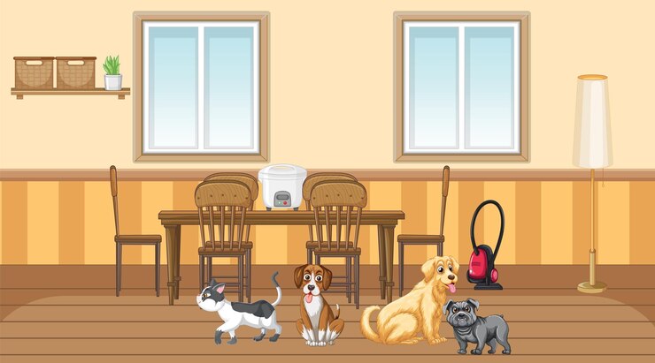 Vetor grátis conjunto de diferentes animais domésticos na cozinha