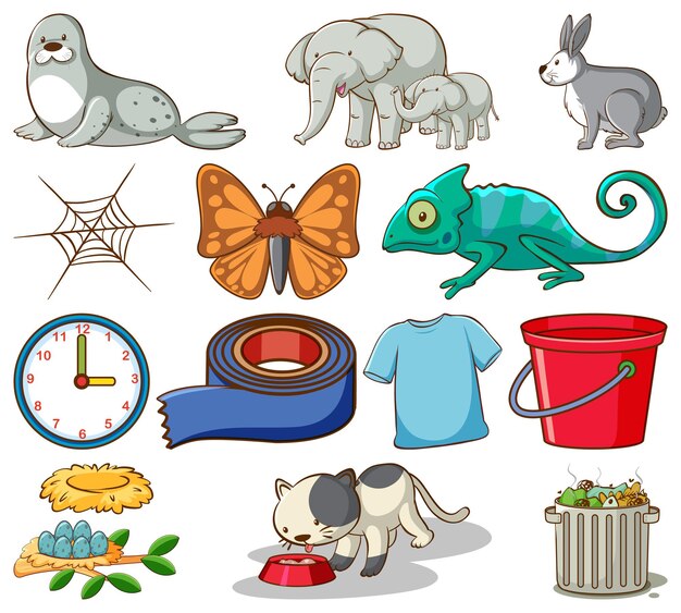 Conjunto de diferentes animais e outros itens para casa em fundo branco