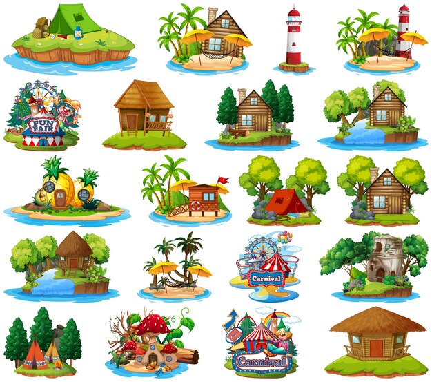 Conjunto de diferentes bangalows e tema de ilha de praia e parque de diversões isolado