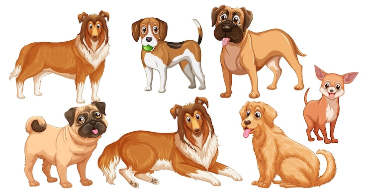 Vetor grátis conjunto de diferentes cães fofos em estilo cartoon