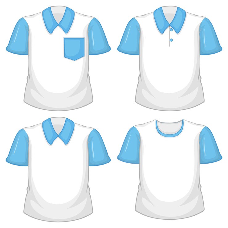 Vetor grátis conjunto de diferentes camisas brancas com mangas curtas azuis isoladas no fundo branco
