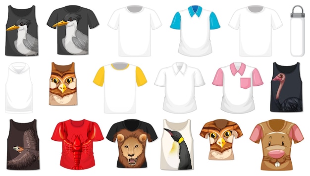 Conjunto de diferentes camisas e acessórios com estampas de animais