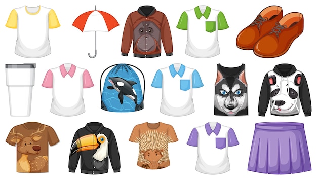 Vetor grátis conjunto de diferentes camisas e acessórios com estampas de animais