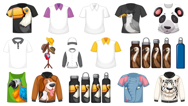 Vetor grátis conjunto de diferentes camisas e acessórios com estampas de animais