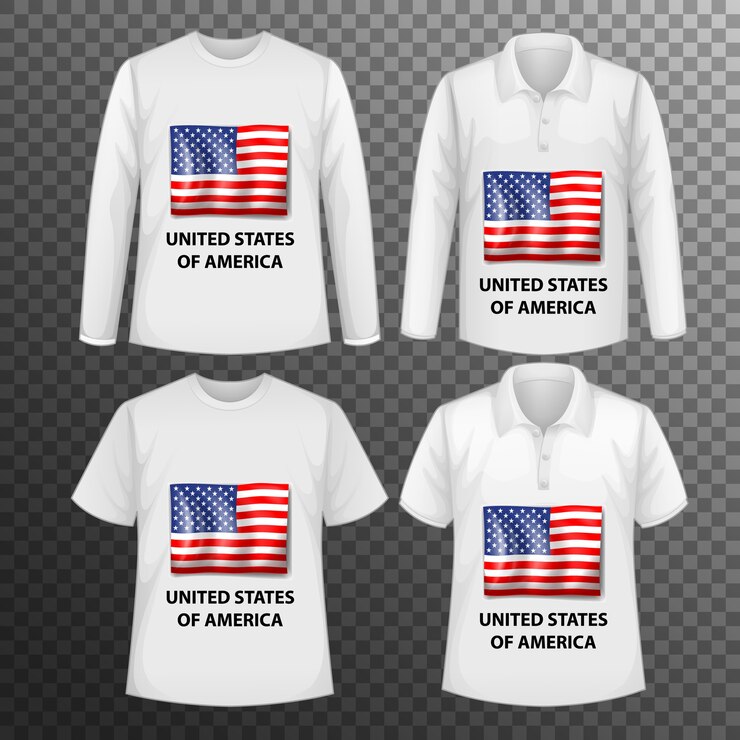 Vetor grátis conjunto de diferentes camisas masculinas com tela da bandeira dos estados unidos da américa nas camisas isoladas