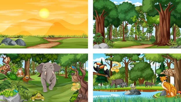 Vetor grátis conjunto de diferentes cenários horizontais de floresta com vários animais selvagens