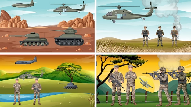 Conjunto de diferentes cenas de guerra do exército