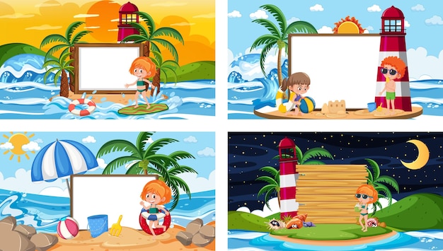 Conjunto de diferentes cenas de praia tropical com banner em branco