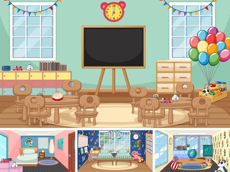 Vetor grátis conjunto de diferentes cenas de sala de aula do jardim de infância