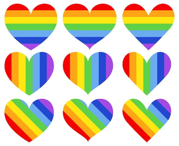 Conjunto de diferentes formas de coração de arco-íris