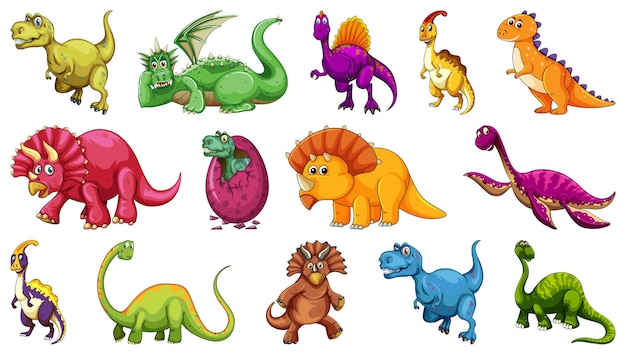 Conjunto de diferentes personagens de desenho animado de dinossauro isolado no fundo branco