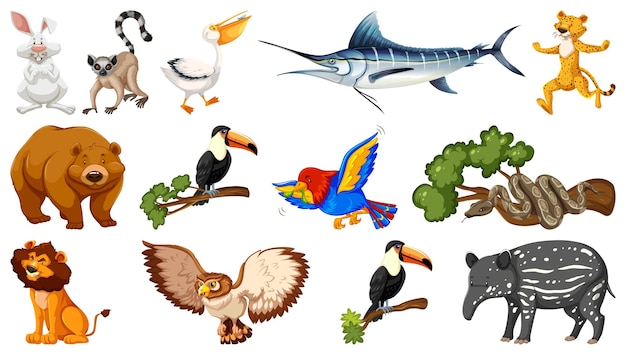 Conjunto de diferentes personagens de desenhos animados de animais selvagens