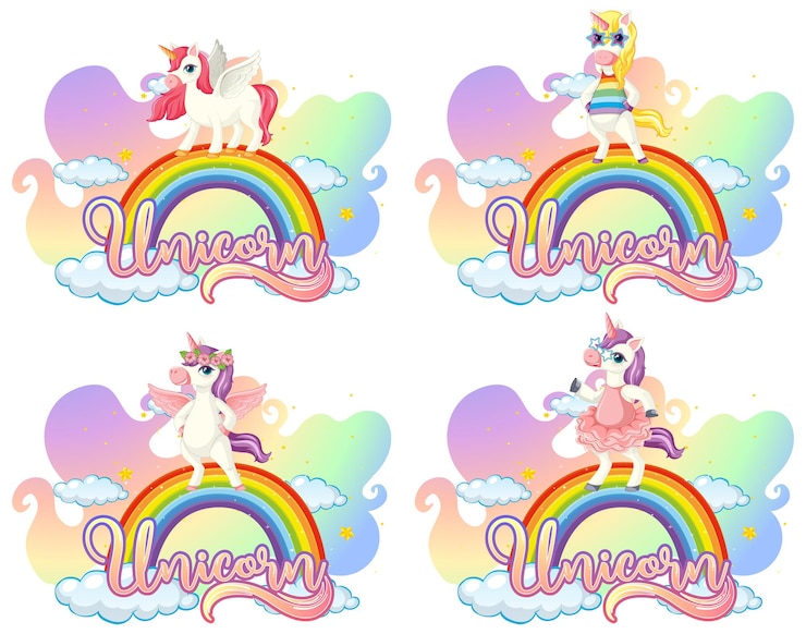Vetor grátis conjunto de diferentes personagens de desenhos animados de unicórnio no arco-íris com fonte unicórnio