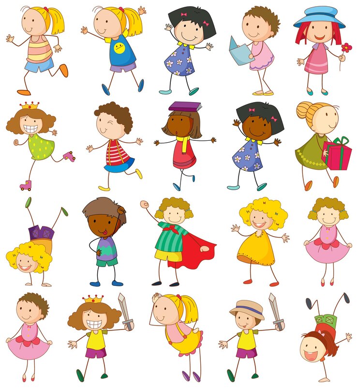 Vetor grátis conjunto de diferentes personagens de desenhos animados doodle de crianças
