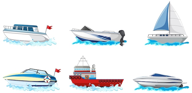 Conjunto de diferentes tipos de barcos e navio isolado no fundo branco