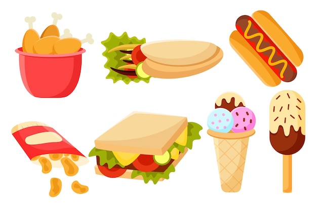 Conjunto de diferentes tipos de fastfood em desenho de desenho animado ilustração vetorial plana