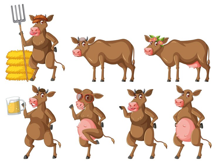 Vetor grátis conjunto de diferentes vacas leiteiras em estilo cartoon