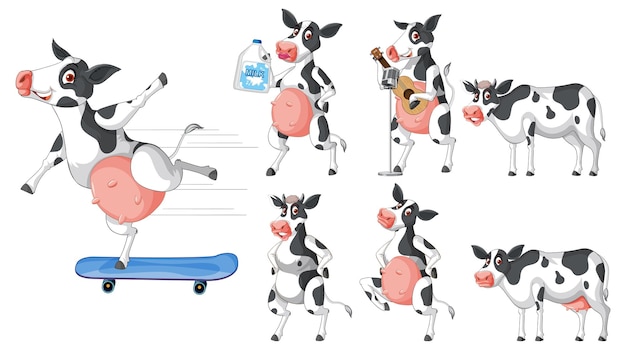 Conjunto de diferentes vacas leiteiras em estilo cartoon