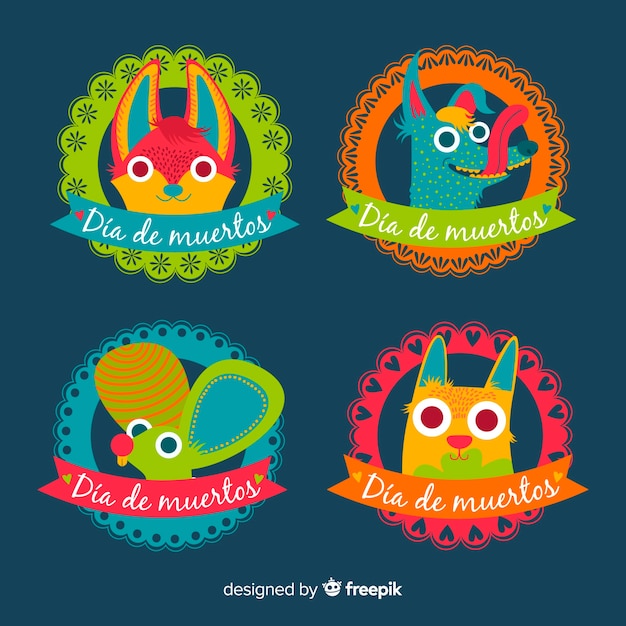 Vetor grátis conjunto de distintivo de dia de muertos de design plano