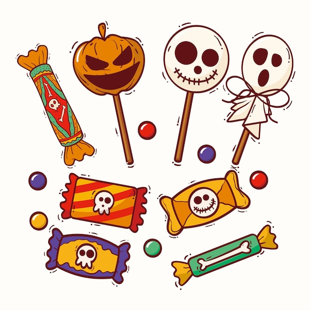 Vetor grátis conjunto de doces de halloween estilo desenhado à mão