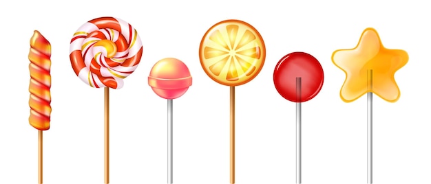 Conjunto de doces de pirulito realista de ícones isolados com doces em varas de várias cores e formas ilustração vetorial