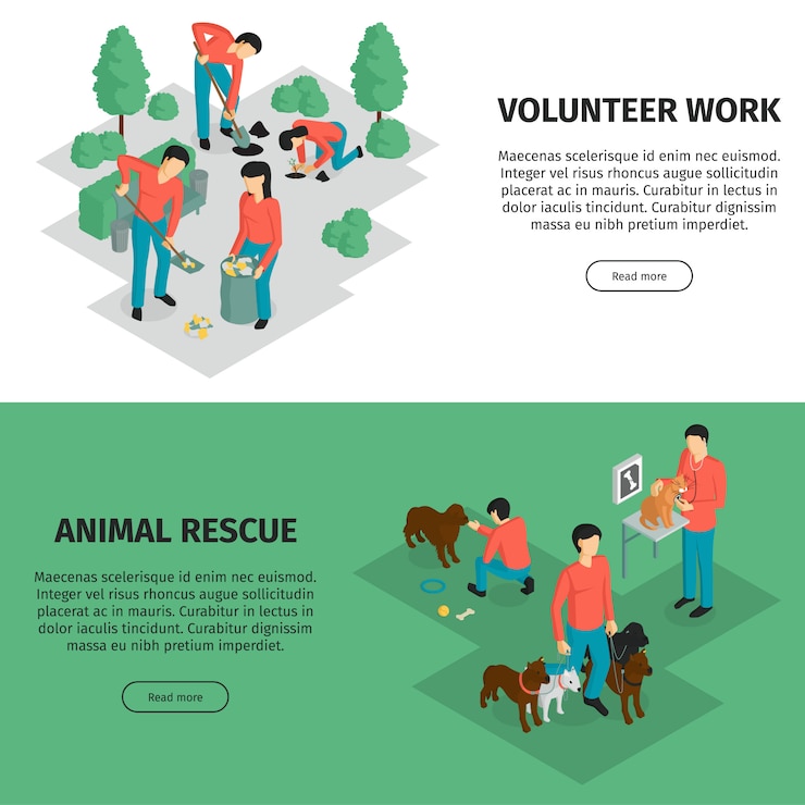 Vetor grátis conjunto de dois banner horizontal de caridade isométrica com texto editável, leia mais botão e ilustração em vetor caracteres humanos