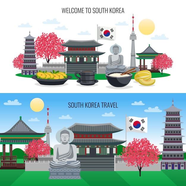 Vetor grátis conjunto de dois banners horizontais de turismo na coreia do sul com imagens de estilo doodle de ilustração de edifícios de lugares turísticos