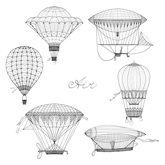 Conjunto de doodle de balão e dirigível