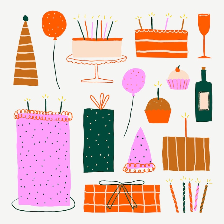 Vetor grátis conjunto de doodle de vetor de adesivos fofos para celebração de aniversário