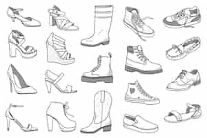 Vetor grátis conjunto de doodles de sapatos