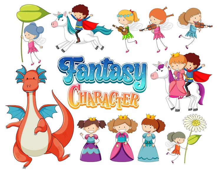 Vetor grátis conjunto de dragões e personagens de desenhos animados de contos de fadas