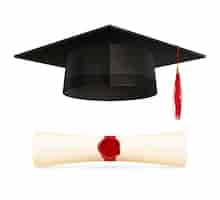 Vetor grátis conjunto de educação de graduação com imagens isoladas realistas de chapéu acadêmico com borda vermelha e ilustração vetorial de diploma selada