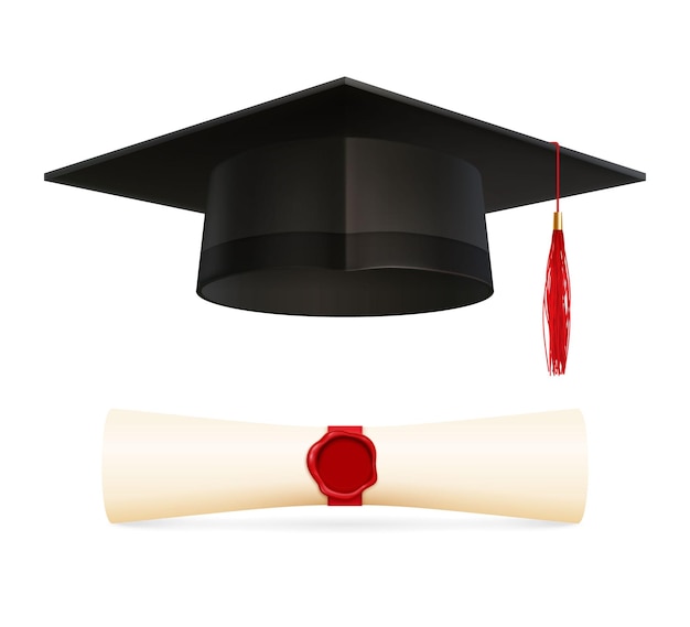 Conjunto de educação de graduação com imagens isoladas realistas de chapéu acadêmico com borda vermelha e ilustração vetorial de diploma selada