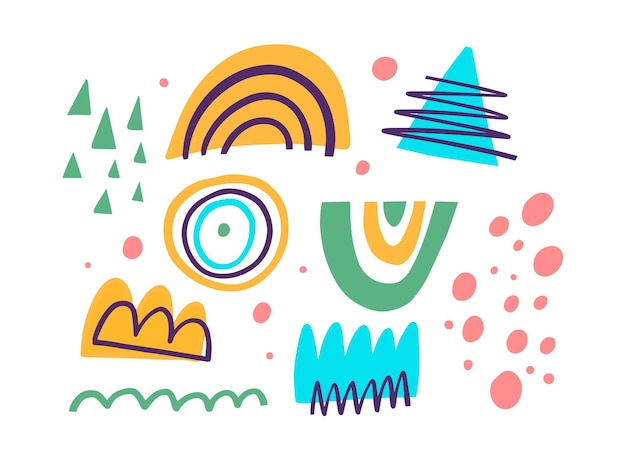 Conjunto de elementos abstratos doodle objetos de desenho animado coloridos desenhados à mão