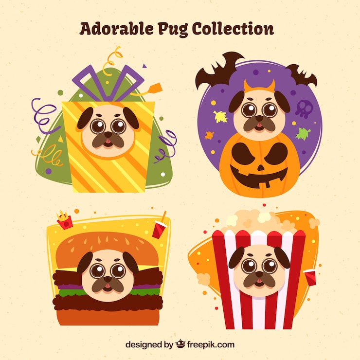 Vetor grátis conjunto de elementos com caras pug
