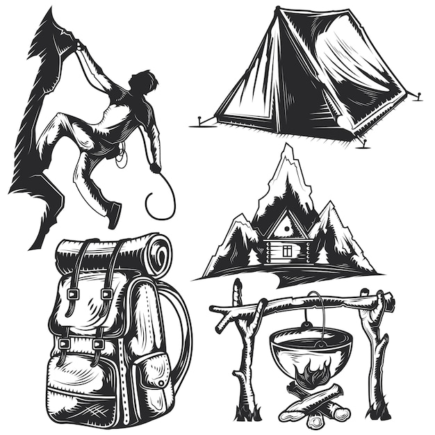 Vetor grátis conjunto de elementos de acampamento para criar seus próprios emblemas, logotipos, etiquetas, pôsteres etc.