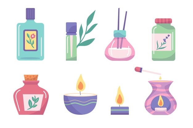 Conjunto de elementos de aromaterapia desenhados à mão plana
