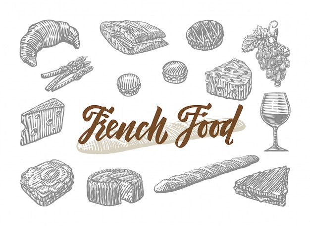 Conjunto de elementos de comida francesa gravados