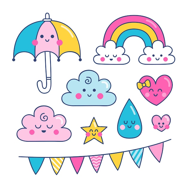 Conjunto de elementos de decoração chuva de amor desenhado à mão