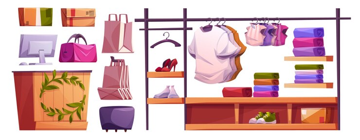 Vetor grátis conjunto de elementos de design de lojas de moda isolados em fundo branco ilustração de desenho animado vetorial de caixa de computador sacos de papel e encomendas bolsas camisetas blusas sapatos masculinos e femininos na prateleira