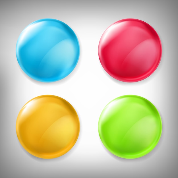 Conjunto de elementos de design de vetor 3D, ícones brilhantes, botões, emblema azul, vermelho, amarelo e verde isolados no cinza.