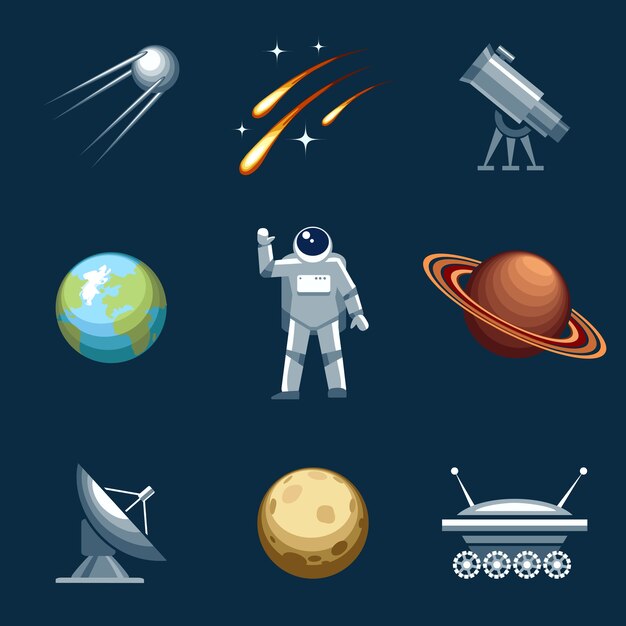 Conjunto de elementos de espaço e astronomia.