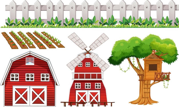 Vetor grátis conjunto de elementos de fazenda isolado no fundo branco