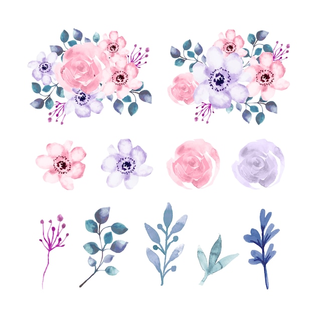 Conjunto de elementos de flores e folhas em aquarela