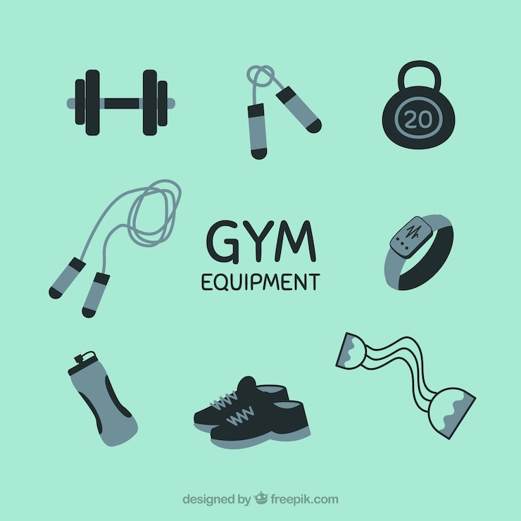 Vetor grátis conjunto de elementos de ginástica com ferramentas de exercícios