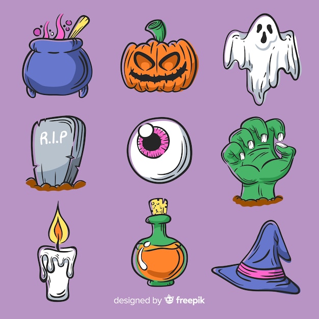 Conjunto de elementos de halloween de mão desenhada