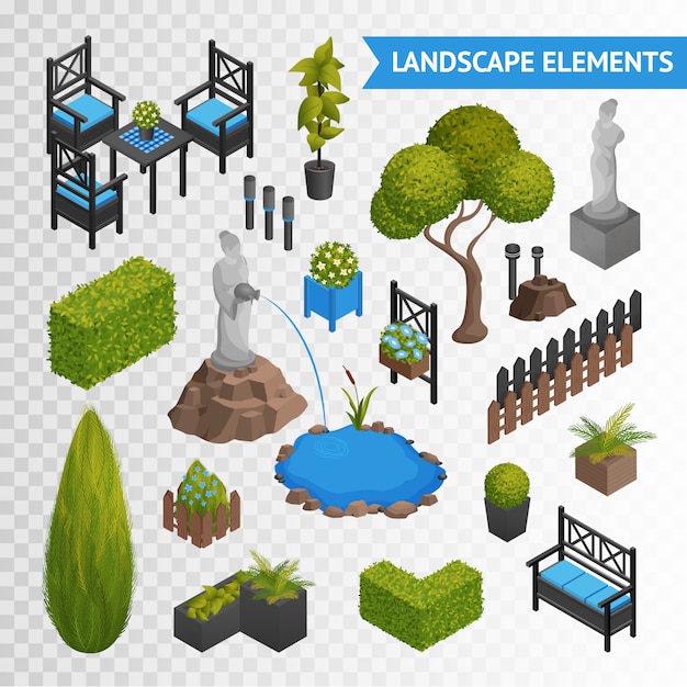 Vetor grátis conjunto de elementos de jardim park transperent
