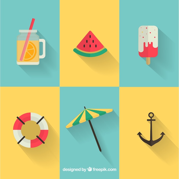 Vetor grátis conjunto de elementos de verão com comida e roupas em estilo simples